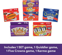 Load image into Gallery viewer, Playmonster 4-in-1 Card Game Bundle: Five Crowns, Set, Quiddler &amp; Karma
