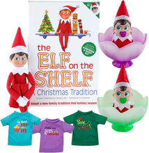 Load image into Gallery viewer, The Elf on The Shelf Bundle: Scout Elf Boy Light Tone, Boy &amp; Girl Frost Pips and 3 Elf T-Shirts