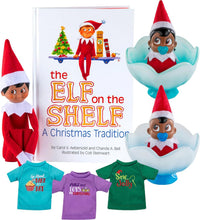Load image into Gallery viewer, The Elf on The Shelf Bundle: Scout Elf Boy Dark Tone, Boy &amp; Girl Dark Tone Frost Pips and 3 Elf T-Shirts