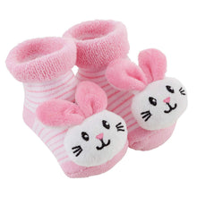 Load image into Gallery viewer, Stephan Baby Rattle Socks, Stripey Pink and White Bunnies, Fits 3-12 Months