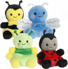 Load image into Gallery viewer, Aurora Palm Pals Plush - Bugs Bundle: Queeny Bee, Dart Dragonfly, Ivy Caterpillar, and Lil' Spots Ladybug with Exclusive Drawstring Bag