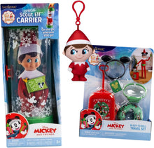 Load image into Gallery viewer, The Elf on the Shelf - Disney Mickey &amp; Friends Travel Bundle: Scout Elf Carrier, Ready to Roll Travel Set &amp; Plushee Pals Mini Clip-On
