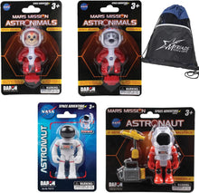Load image into Gallery viewer, Daron NASA Space Adventure Figures Set of 4: Astronaut, Mars Astronaut with Drill, Astroanimals Cat and Dog, with Myriads Drawstring Bag
