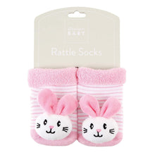 Load image into Gallery viewer, Stephan Baby Rattle Socks, Stripey Pink and White Bunnies, Fits 3-12 Months