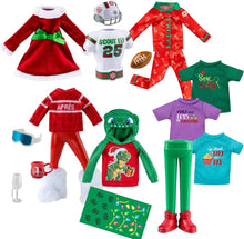 Load image into Gallery viewer, The Elf on the Shelf - 2026 Bundle: ElfieGram Ski Set, Dashing Dino, Santa Party Dress, Jolly Jersey Football, Candy Cane PJs &amp; Elf Mates Shirts
