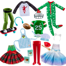 Load image into Gallery viewer, The Elf on The Shelf Claus Couture 2024 Set of 6: Snowflake PJs, Gifts &amp; Glamour Dress, Touchdown Tidings Set, Extraordinary Noorah Dress, MagiFreez Christmas Chef, and Holly Jolly Ollie Skateboarder