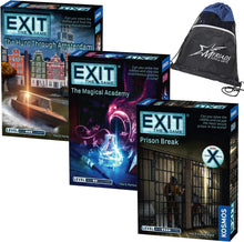 Load image into Gallery viewer, Exit: The Game Bundle - The Hunt Through Amsterdam, Prison Break, and The Magical Academy with Exclusive Drawstring Bag