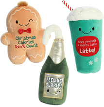 Load image into Gallery viewer, Aurora Palm Pals JUST SAYIN' Christmas Party Bundle: 13" Feelin' Bubbly, 11" Merry Little Latte, and 11" Christmas Calories with Exclusive Myriads Drawstring Bag