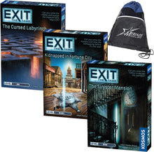 Load image into Gallery viewer, Exit: The Game Bundle - The Cursed Labyrinth, Kidnapped in Fortune City, and The Sinister Mansion with Exclusive Drawstring Bag