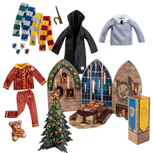 Load image into Gallery viewer, The Elf on the Shelf - Harry Potter Bundle: Hogwarts House Robe Set, Gryffindor PJs &amp; Great Hall Pop-Up Props (Scout Elf Not Included)