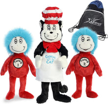 Load image into Gallery viewer, Aurora Cat in The Hat Set of 3 Plush Bundle: 14" Chef Cat in The Hat, 12" Thing 1 and Thing 2 with Exclusive Myriads Drawstring Bag