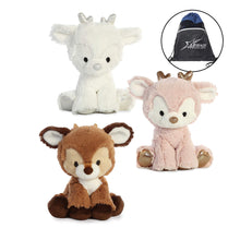 Load image into Gallery viewer, Aurora 8" Reindeer Stuffed Animal Trio: Rose Gold, Sterling Silver and Brown with Drawstring Bag
