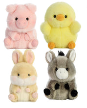 Load image into Gallery viewer, Aurora Rolly Pets Farm Set of 4 Plushies: Bray Donkey, Chickadee Chick, Prankster Pig and Bunbun Bunny, with Myriads Drawstring Bag