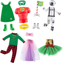 Load image into Gallery viewer, The Elf on the Shelf Claus Couture Set of 5: I'm So Fly PJs, Holly Days Dress, Clausmonaut, Mighty Superhero, and Glitzy Gala Gown