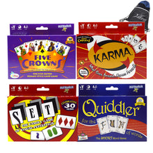 Load image into Gallery viewer, PlayMonster Set of 4 Card Games: Five Crowns, Karma, Set and Quiddler, with Myriads Drawstring Bag