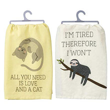 Load image into Gallery viewer, Primitives by Kathy Funny Kitchen Towel 2 Pack, Love and A Cat and I'm Tired Therefore I Won't