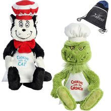 Load image into Gallery viewer, Aurora Dr. Seuss Set of 2 Plush: 14" Chef Cat in the Hat and 14" Chef Grinch, Green, with Myriads Drawstring Bag