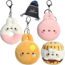 Load image into Gallery viewer, Aurora Molang Plushie Clip-On Set of 4 Keychains: 3" Donut, Pancake, S'Mores, and Macaron with Drawstring Bag