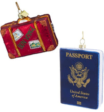 Load image into Gallery viewer, Kurt Adler World Traveler Set of 2 Glass Ornaments: 4" Passport and 3.5" Bon Voyage Suitcase