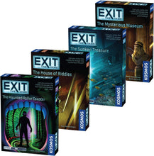 Load image into Gallery viewer, EXIT: The Game 4-Pack Escape Room Beginner Bundle: Haunted Roller Coaster, Sunken Treasure, Mysterious Museum, House of Riddles