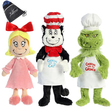 Load image into Gallery viewer, Aurora Dr. Seuss Plush Set of 3: 12" Cindy Lou Who, 14" Chef Cat in the Hat, 14" Chef Grinch, Green with Myriads Drawstring Bag