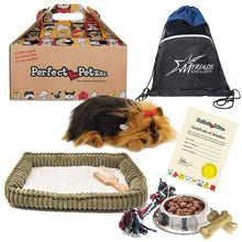 Load image into Gallery viewer, Perfect Petzzz Plush Yorkie Breathing Dog with Dog Food, Treats, Chew Toy &amp; Myriads Drawstring Bag