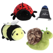 Load image into Gallery viewer, Aurora 8" Flopsie Spring Critters: Beeswax Bee, Ladybug, and Slow Snail with Exculsive Drawstring Bag