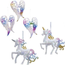 Load image into Gallery viewer, Kurt Adler Fantastical Christmas Ornament Set of 5: 2 Unicorns and 3 Shimmering Wings, with Hangers