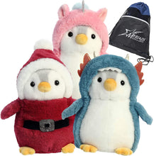 Load image into Gallery viewer, Aurora PomPom Penguin Holiday Bundle: PomPom Santa, Dragon and Unicorn, with Drawstring Bag