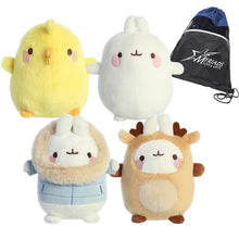 Load image into Gallery viewer, Aurora Plush Set of 4: 10" Molang, 6" Winter Jacket, 6" Reindeer Costume and 4.5" Piu Piu Molang with Drawstring Bag