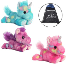 Load image into Gallery viewer, Aurora Bundle of 3: Blueberry Ripple &amp; Jellyroll Unicorns &amp; Tutti Frutti Pegasus &amp; Drawstring Bag
