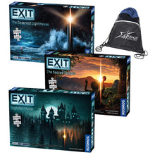 Load image into Gallery viewer, Thames &amp; Kosmos Exit: The Game set of 3 Games with Puzzles - The Sacred Temple, The Deserted Lighthouse and Nightfall Manor, with Drawstring Bag