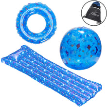 Load image into Gallery viewer, Swimline Inflatable Pool Toy 3 Pack: 72" Mattress, 18" Beach Ball, 20" Ring, and Drawstring Bag