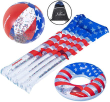 Load image into Gallery viewer, Swimline Americana Inflatable Pool Toys: 22" Glitter Ball 72" Floating Mattress 36" Donut Ring &amp; Bag