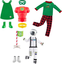 Load image into Gallery viewer, The Elf on the Shelf Claus Couture Set of 3: Mighty Superhero, I'm So Fly PJs, and Clausmonaut ELF NOT INCLUDED