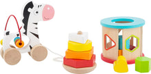 Load image into Gallery viewer, Legler Motor Skills 3-in-1 Playset with Pull-Along Zebra, Stacking Tower &amp; Shape Sorting