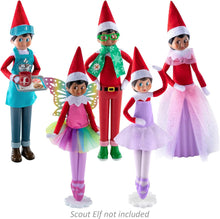 Load image into Gallery viewer, The Elf on the Shelf Magi-Freeze Stand Up Complete Set: Cocoa to Go Barista, Rainbow Snow Pixie Dress, Holiday Hipster, Tiny Tidings Tutu, and Glitzy Gala Dress (Elf Not Included)
