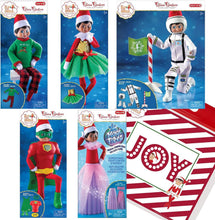 Load image into Gallery viewer, The Elf on the Shelf Claus Couture Set of 5: I'm So Fly PJs, Holly Days Dress, Clausmonaut, Mighty Superhero, and Glitzy Gala Gown