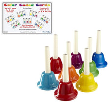 Load image into Gallery viewer, Rhythm Band 8 Note Metal Hand Bells - Set of 8 with 7 Chords/8 Note Handbell Cards