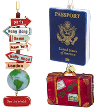 Load image into Gallery viewer, Kurt Adler Set of 3 Christmas Tree Ornaments: 5.5" Resin Globe, 4" Glass Passport, and 3.5" Glass Suitcase