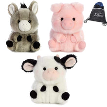 Load image into Gallery viewer, Aurora 5" Plush Rolly Pets Farmyard Plushie 3 Pack: Prankster Pig, Daisy Cow, and Bray Donkey, with Drawstring Bag