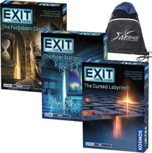 Load image into Gallery viewer, Exit: The Game Escape Room Bundle: The Forbidden Cabin, The Polar Station, and The Cursed Labyrinth with Exclusive Myriads Drawstring Bag