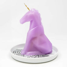 Load image into Gallery viewer, PyroPet Candles Lavender Pink Unicorn Einar Candle with Porcelain Candle Holder Plate