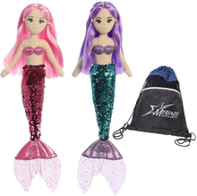 Load image into Gallery viewer, Aurora World 18" Sea Sparkles Plush Mermaids Set of 2 - Ava and Jenna &amp; Drawstring Bag
