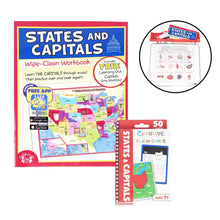 Load image into Gallery viewer, States Capitals Learning Set Wipe-Clean Workbook Flash Card Set - Includes Zipper Storage Bag