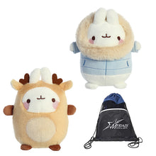 Load image into Gallery viewer, Aurora Set of 2 Plush: 6" Reindeer Molang and 6" Winter Jacket Molang Stuffed Toys with Myriads Drawstring Bag