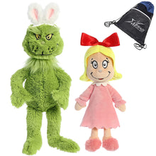 Load image into Gallery viewer, Aurora Dr. Seuss Set of 2 Plush: 14" Bunny Grinch and 12" Cindy Lou Who, with Myriads Drawstring Bag