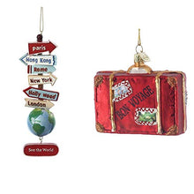 Load image into Gallery viewer, Kurt Adler Hand-Crafted Glass Christmas Ornaments, Set of 2 Travel: Post Sign &amp; Suitcase