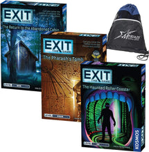 Load image into Gallery viewer, Exit: The Game Escape Room Game Bundle: The Pharaoh's Tomb, The Return to The Abandoned Cabin, and The Haunted Rollercoaster with Exclusive Drawstring Bag