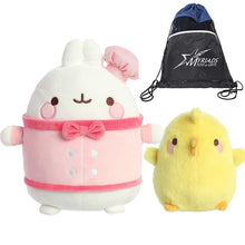 Load image into Gallery viewer, Aurora Molang Plush Set of 2: 10" Chef Molang Bunny and 4.5" Piu Piu Chick, with Myriads Drawstring Bag